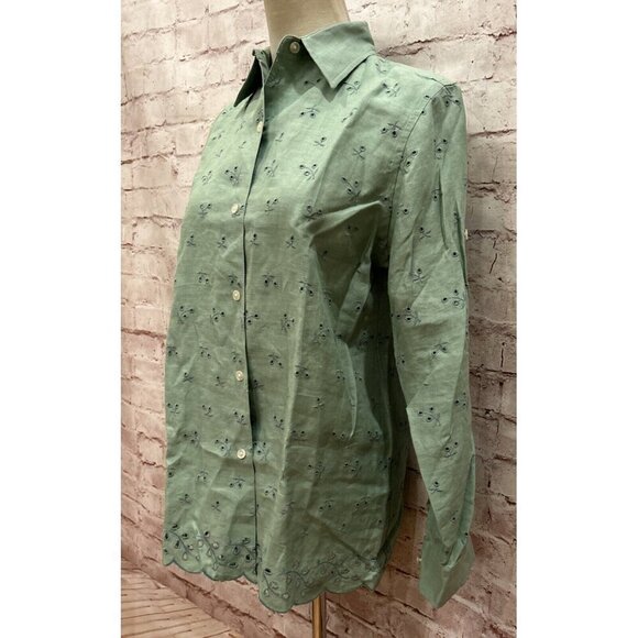 Lauren Ralph Lauren Green Button Up Shirt Linen Blouse Eyelet Scalloped Hem S - Picture 3 of 4